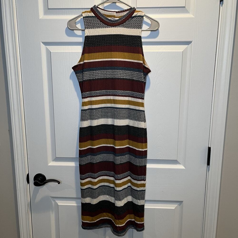 Love Fire Striped Halter/Mock Neck Sleeveless Sweater Dress Large Lined Women's